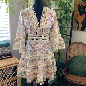 LEA Pink Floral Crochet Eyelet Bell Sleeve Mini Dress - M